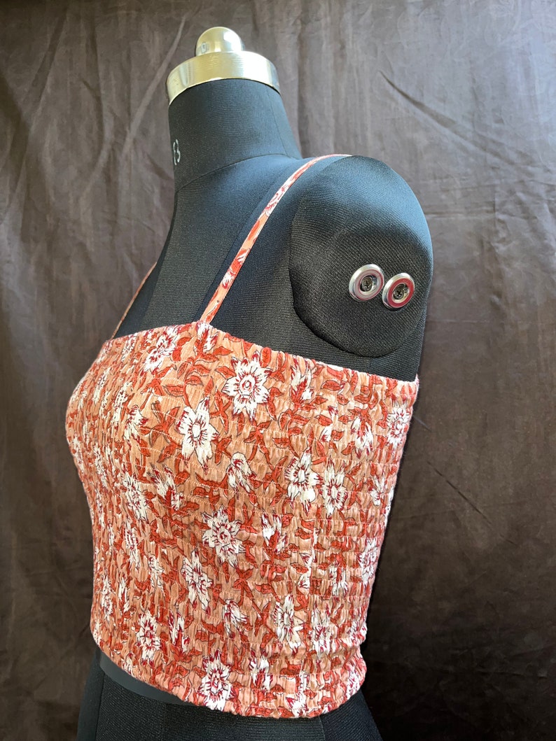 Peach floral top - block print top - shirred flora top