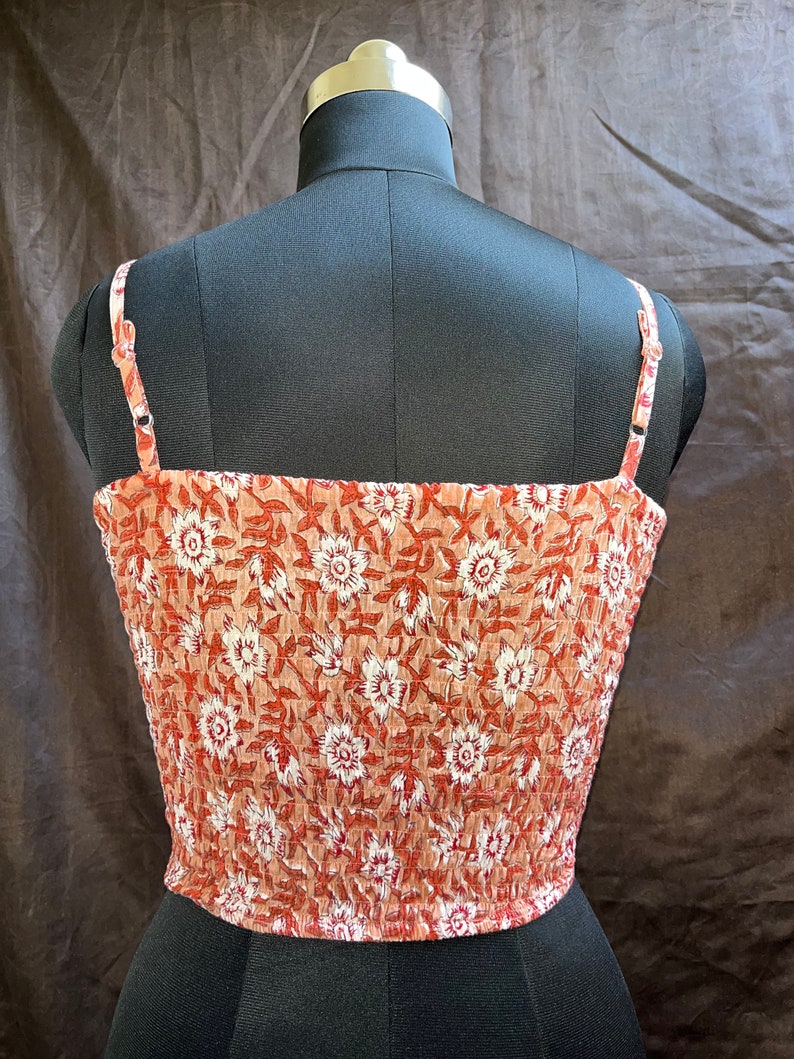 Peach floral top - block print top - shirred flora top