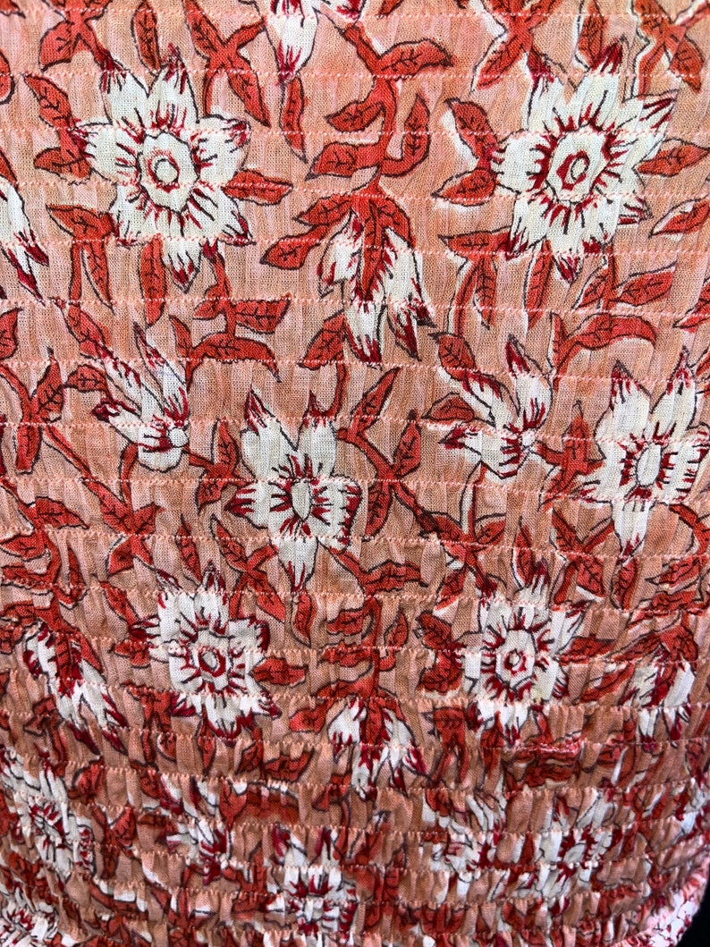 Peach floral top - block print top - shirred flora top