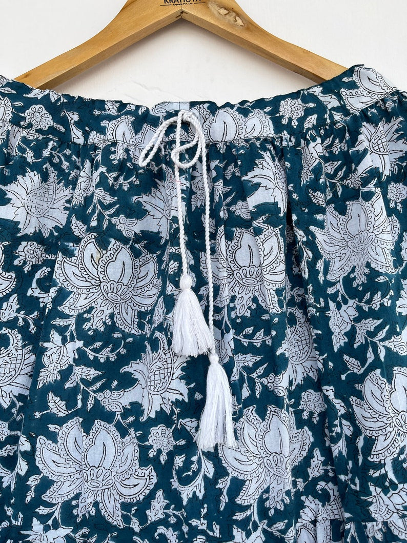 Block Printed Long Cotton Skirt With Tassel
