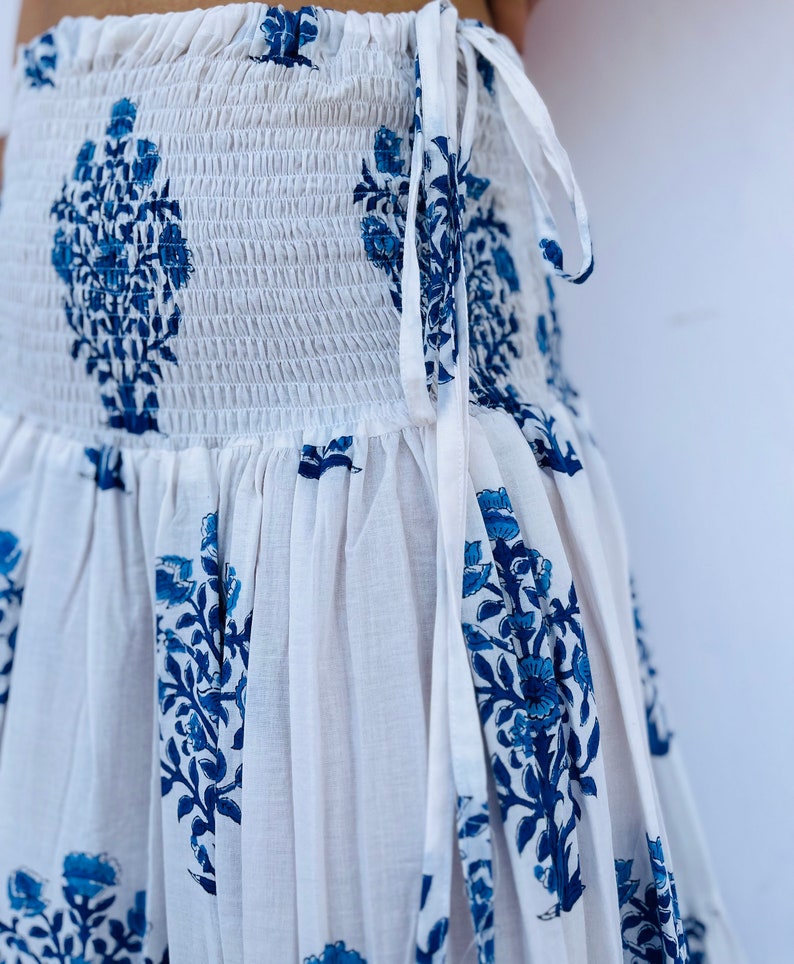 Blue-White Hand Block Printed Cotton Long Skirt With Adjustable String