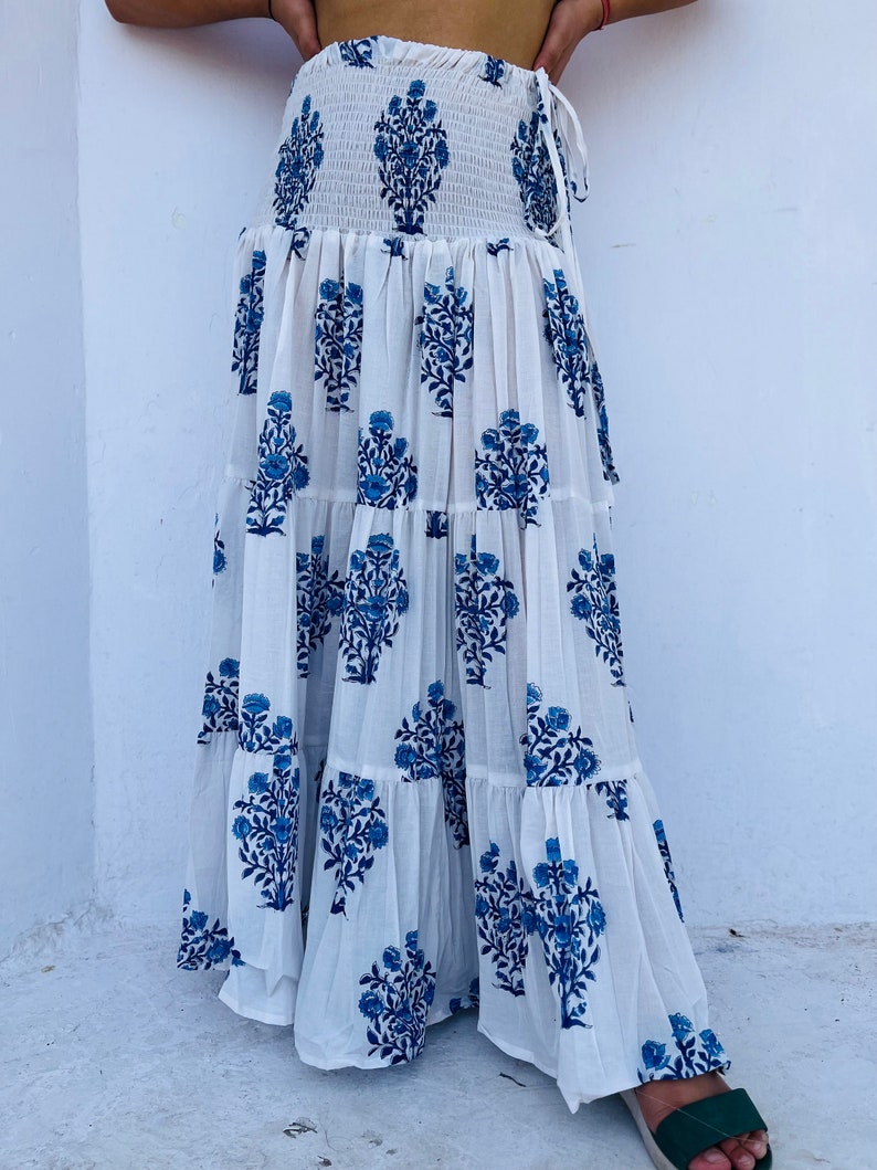 Blue-White Hand Block Printed Cotton Long Skirt With Adjustable String