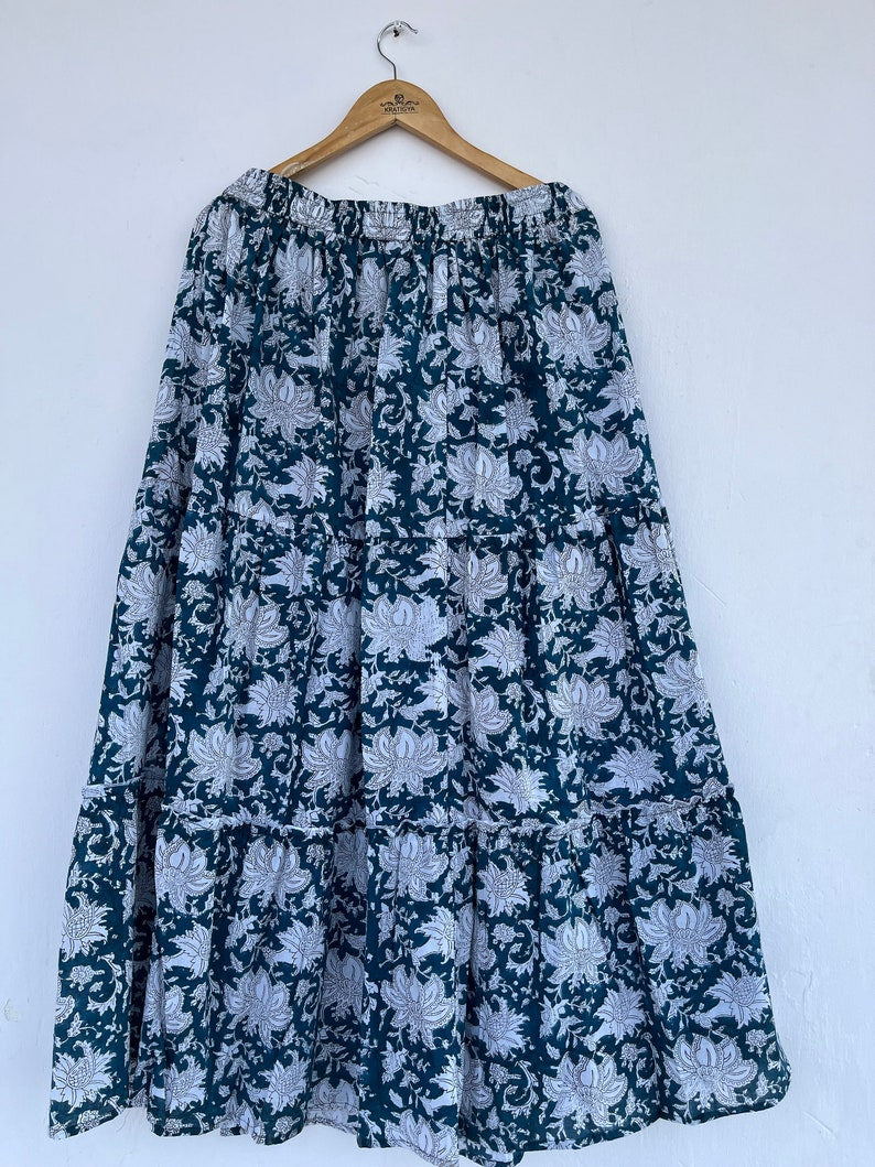 Block Printed Long Cotton Skirt With Tassel