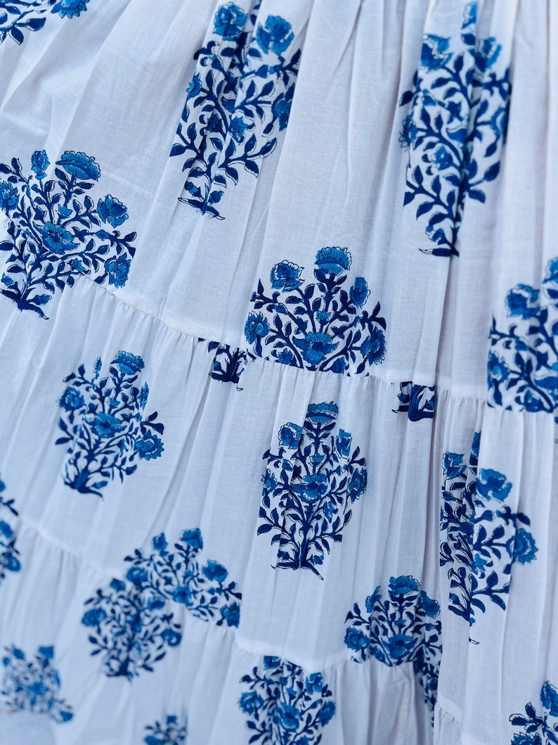 Blue-White Hand Block Printed Cotton Long Skirt With Adjustable String