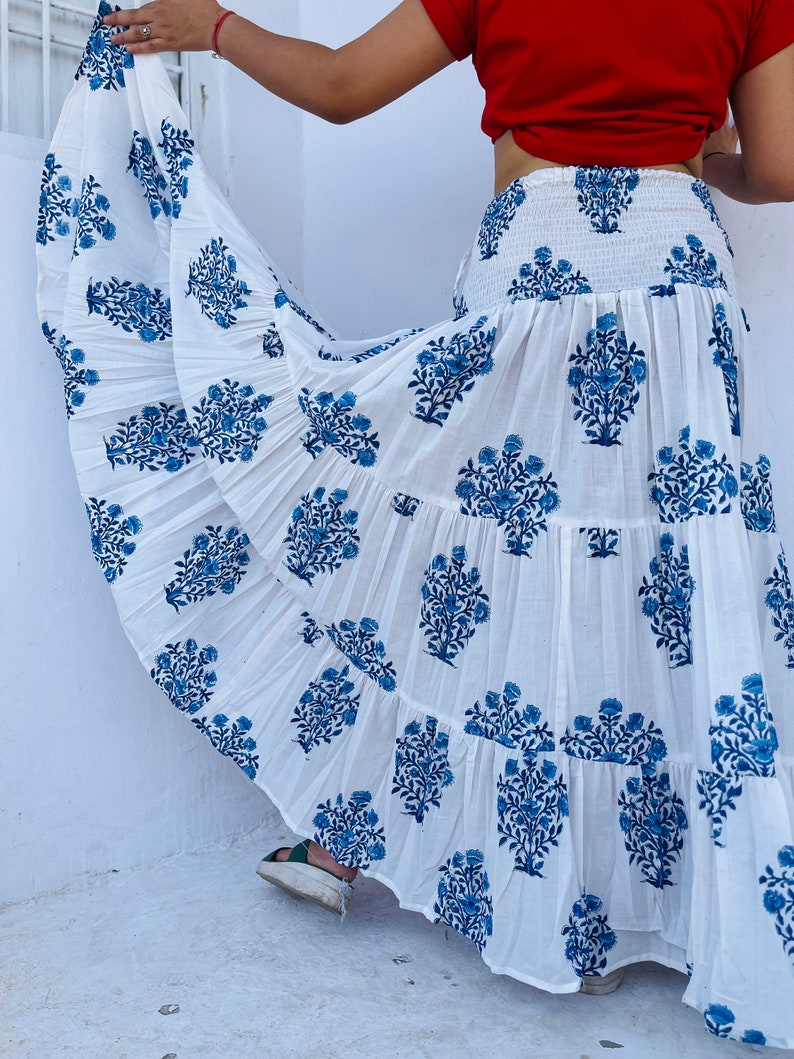Blue-White Hand Block Printed Cotton Long Skirt With Adjustable String