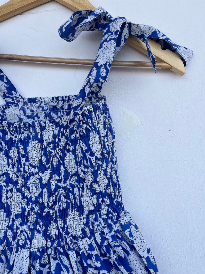 Blue girl kid dress, strap summer kids dress, shirred kid cotton dress