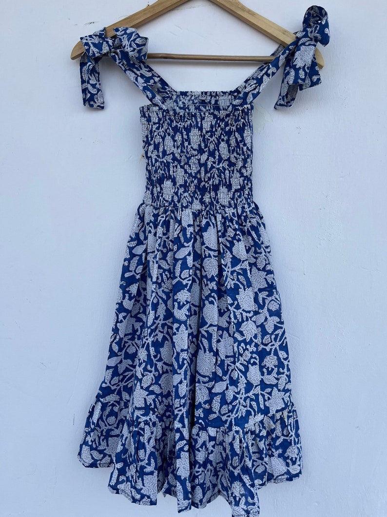 Blue girl kid dress, strap summer kids dress, shirred kid cotton dress