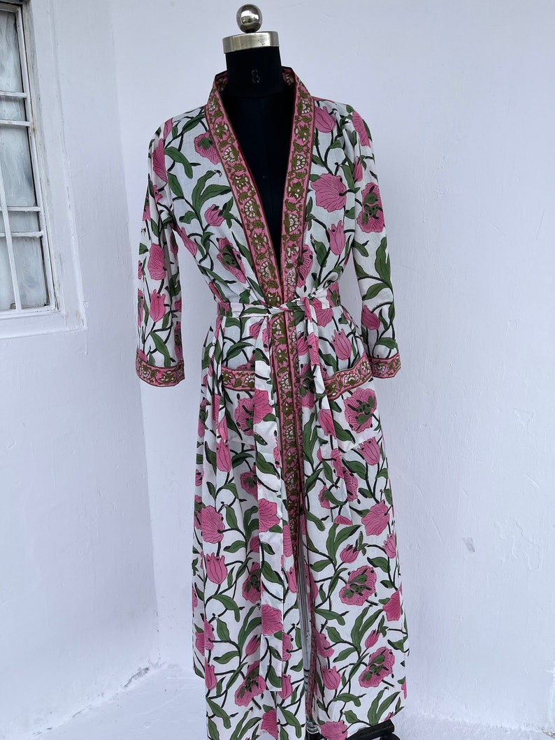 Hand Block Printed Cotton Robes With Pockets and Belt