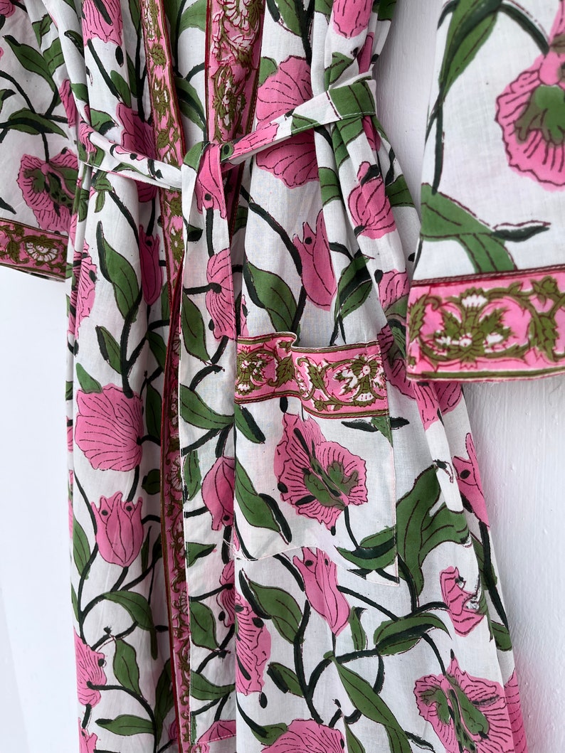 Hand Block Printed Cotton Robes With Pockets and Belt