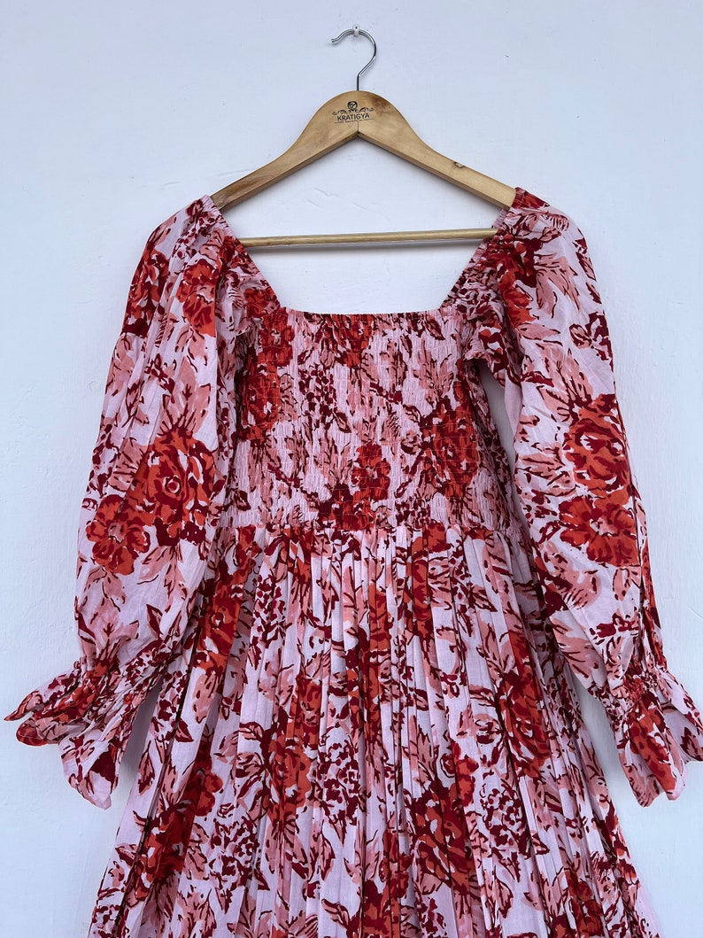 Red floral printed maxi | hand block print dress | shirred maxi dress