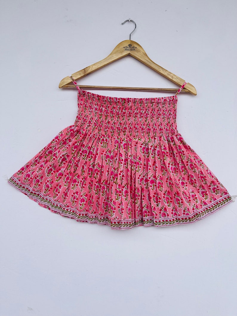 Hand Block Printed Cotton Smocked Mini Skirt