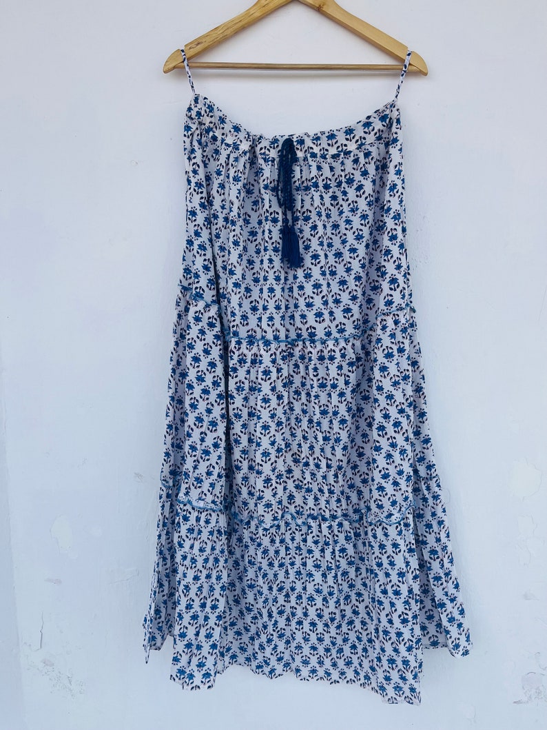 Blue-White Floral Skirt, Cotton Block Printed Skirt, Adjustable Waist String Skirts, Boho Outfit for Women