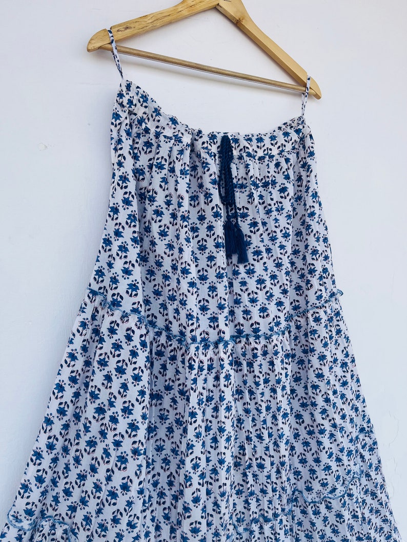 Blue-White Floral Skirt, Cotton Block Printed Skirt, Adjustable Waist String Skirts, Boho Outfit for Women