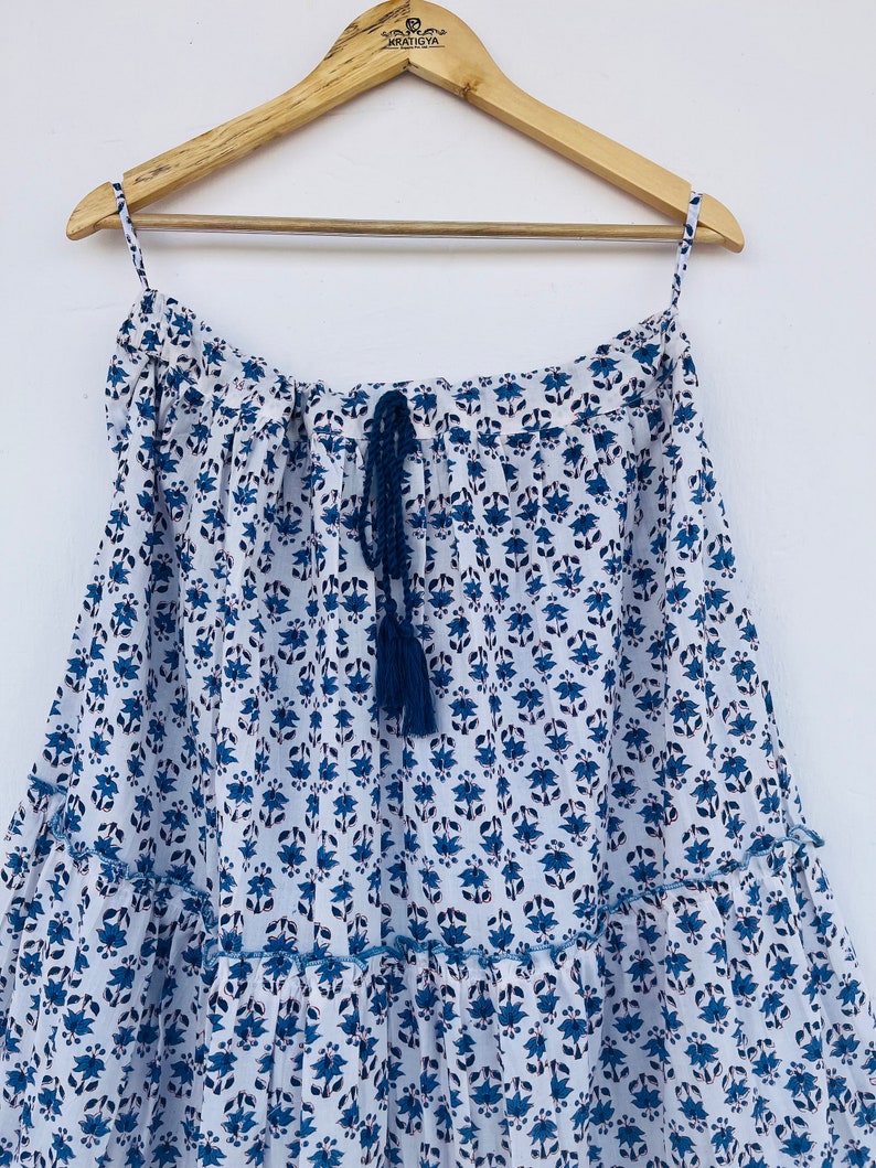 Blue-White Floral Skirt, Cotton Block Printed Skirt, Adjustable Waist String Skirts, Boho Outfit for Women