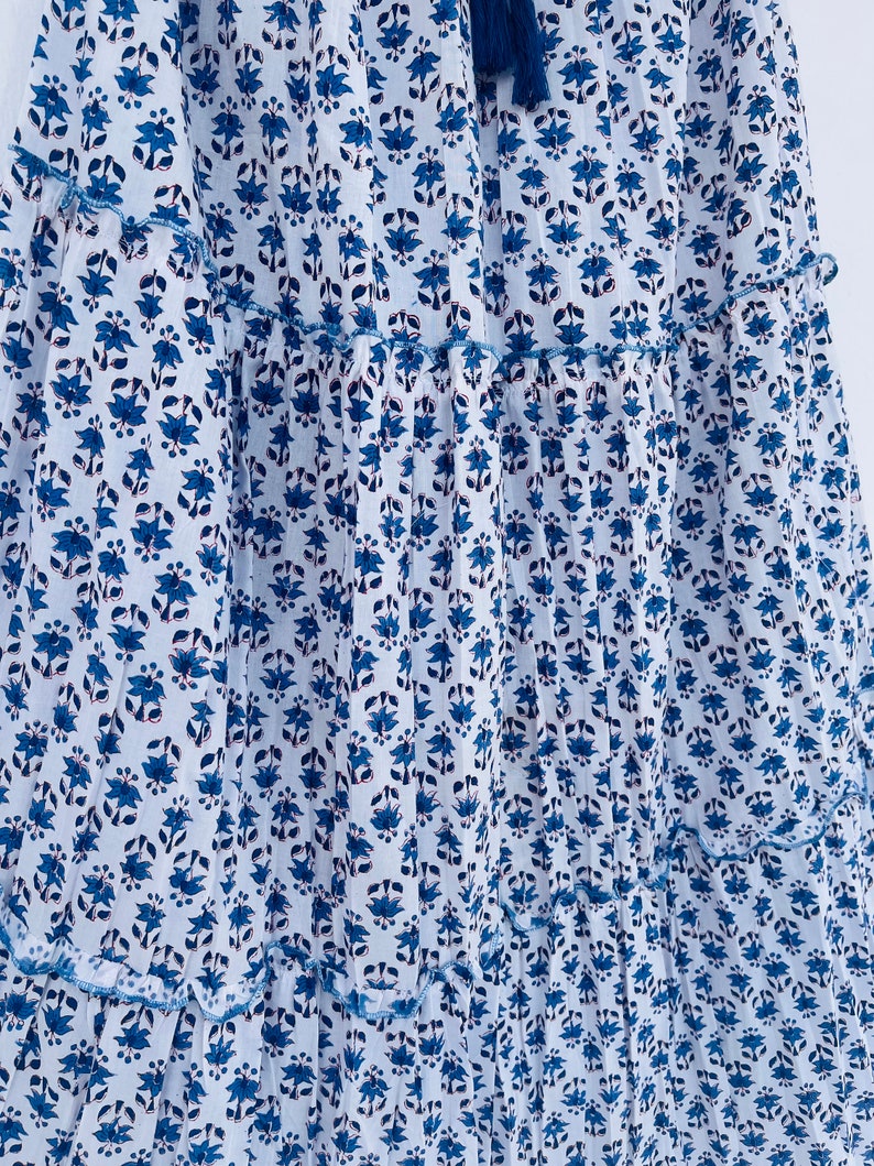 Blue-White Floral Skirt, Cotton Block Printed Skirt, Adjustable Waist String Skirts, Boho Outfit for Women