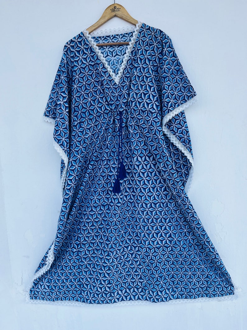 Blue Floral printed kaftan | blue floral beachwear dress | hand block print cotton kaftan | women's cover-ups