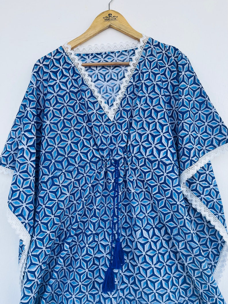 Blue Floral printed kaftan | blue floral beachwear dress | hand block print cotton kaftan | women's cover-ups