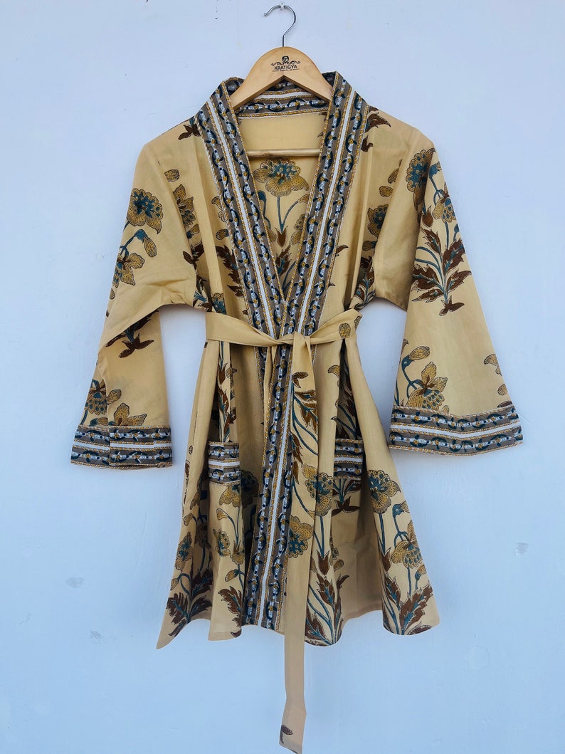 Hand Block Printed Kimono Robe With Pockets and Belt