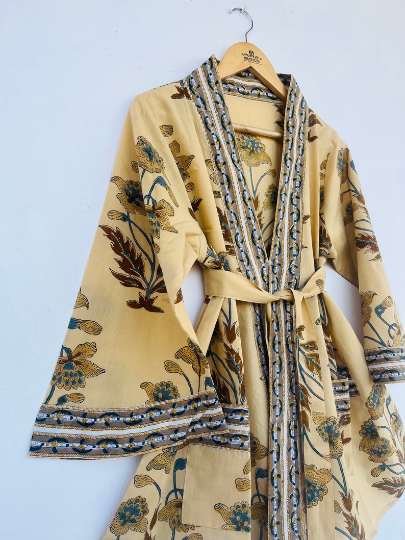 Hand Block Printed Kimono Robe With Pockets and Belt