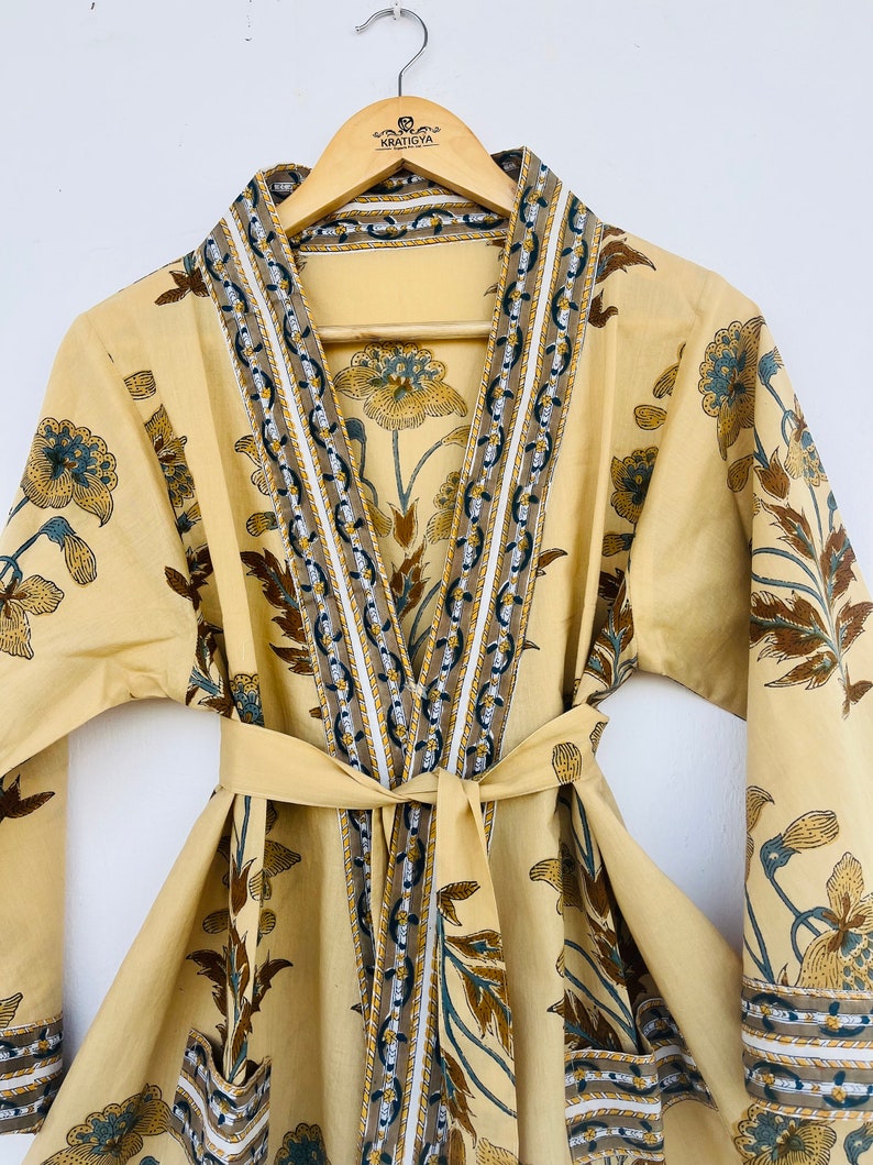Hand Block Printed Kimono Robe With Pockets and Belt