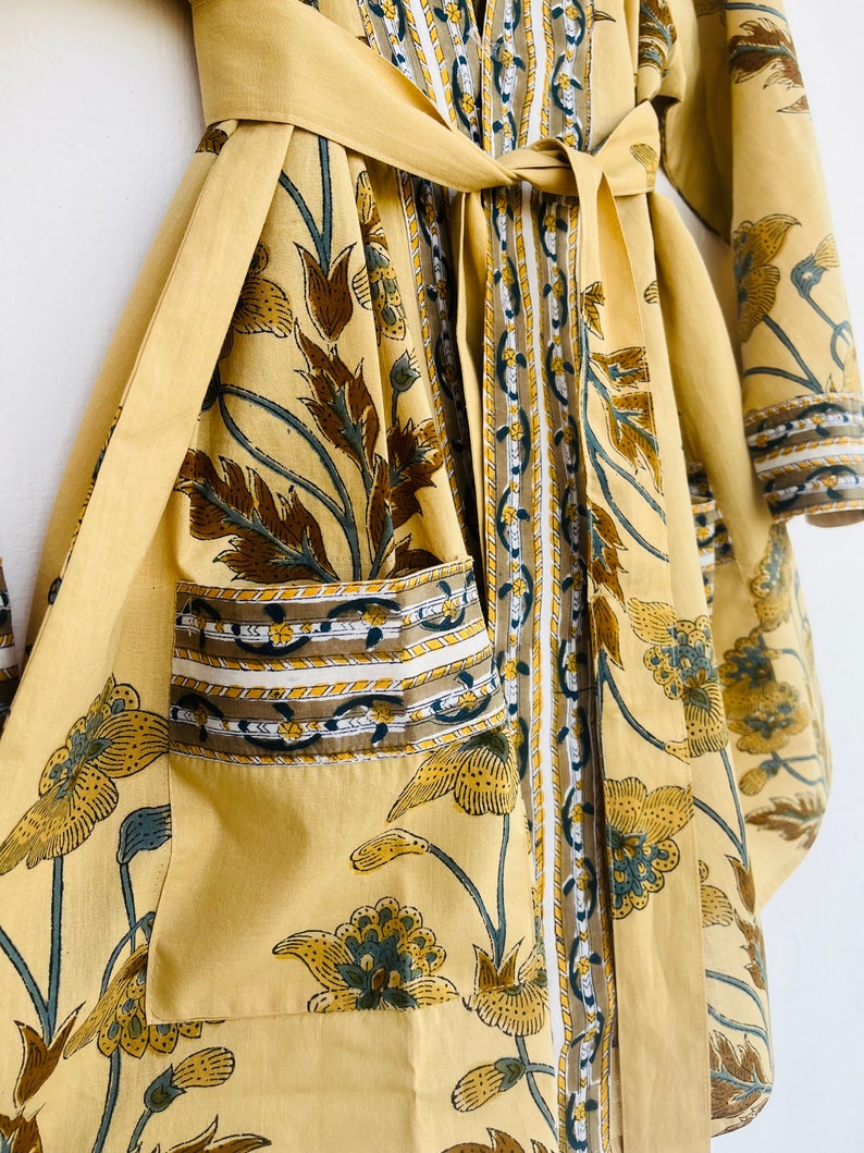 Hand Block Printed Kimono Robe With Pockets and Belt