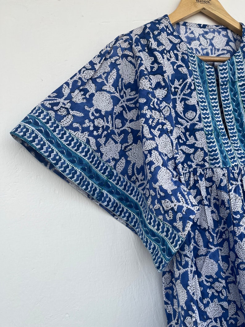 Blue hand block printed floral cotton top