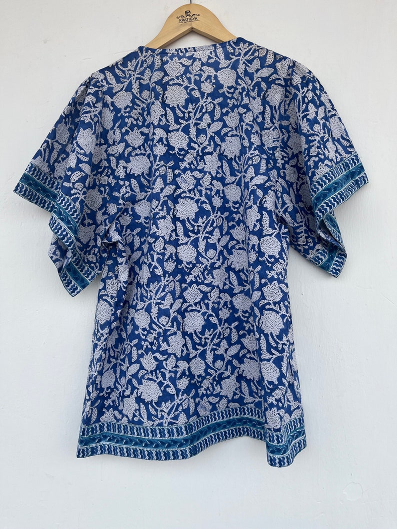 Blue hand block printed floral cotton top