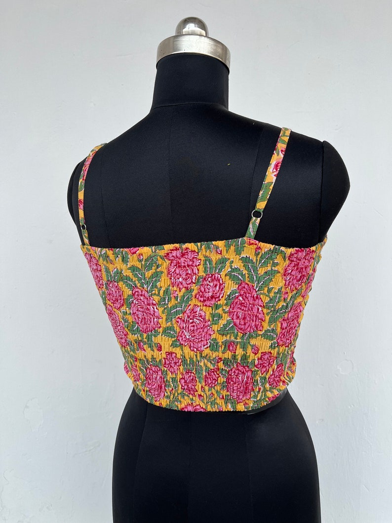 Yellow floral printed top - shirred women's top - block printed top