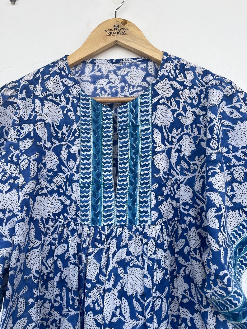 Blue hand block printed floral cotton top