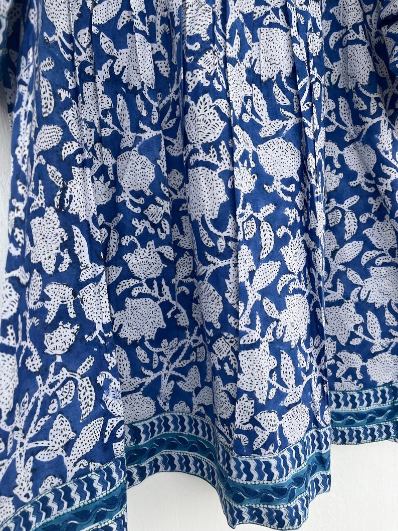 Blue hand block printed floral cotton top