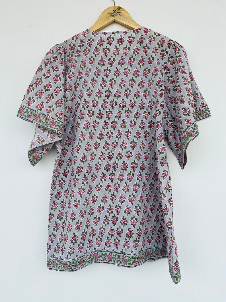 Grey booti printed top - cotton block print top - kimono sleeve long blouse