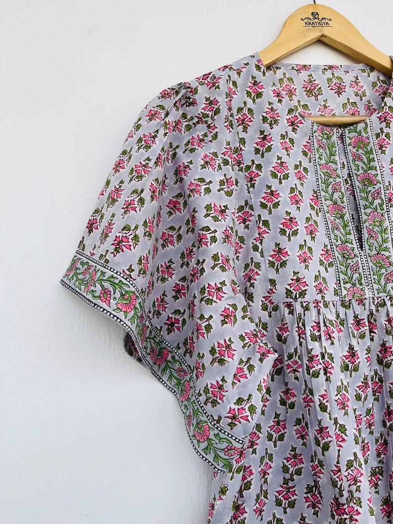 Grey booti printed top - cotton block print top - kimono sleeve long blouse