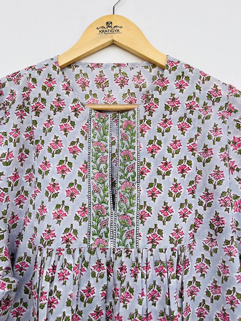 Grey booti printed top - cotton block print top - kimono sleeve long blouse