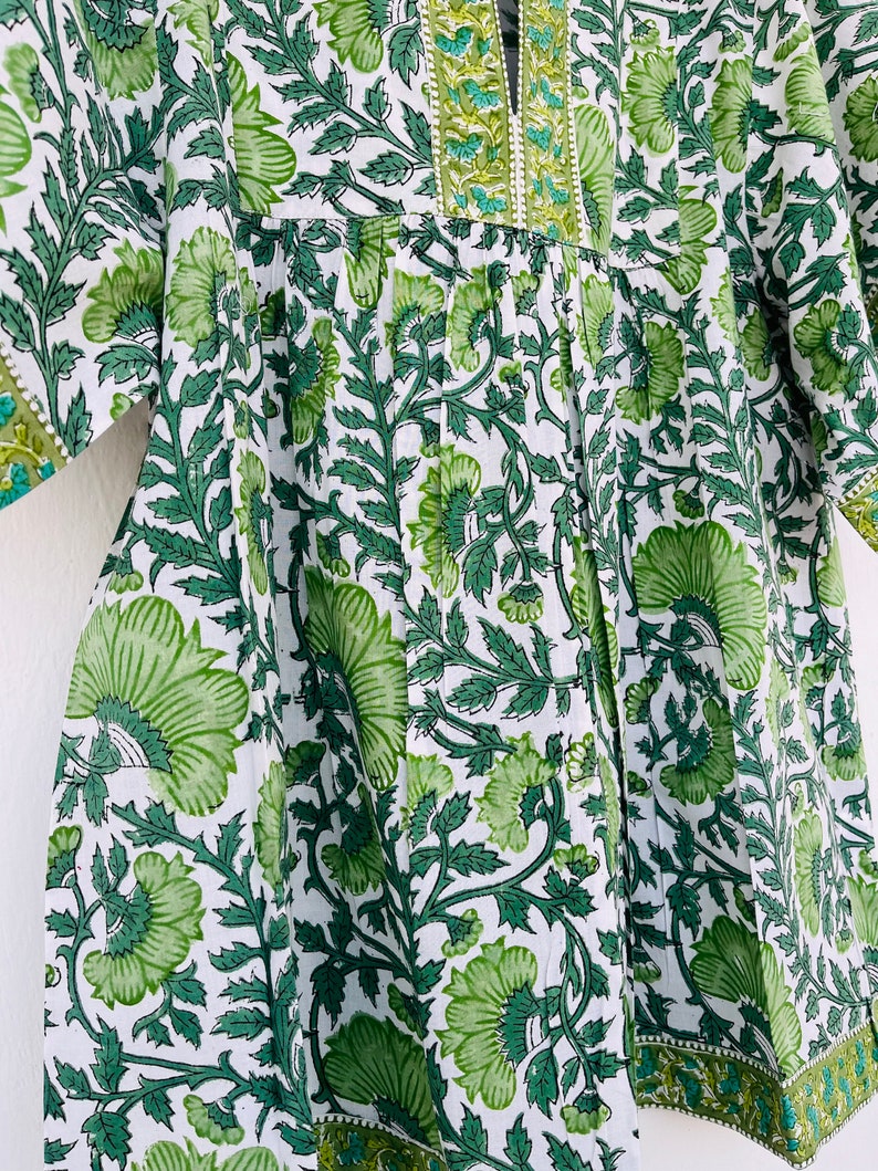 Green floral printed top - cotton block print blouse