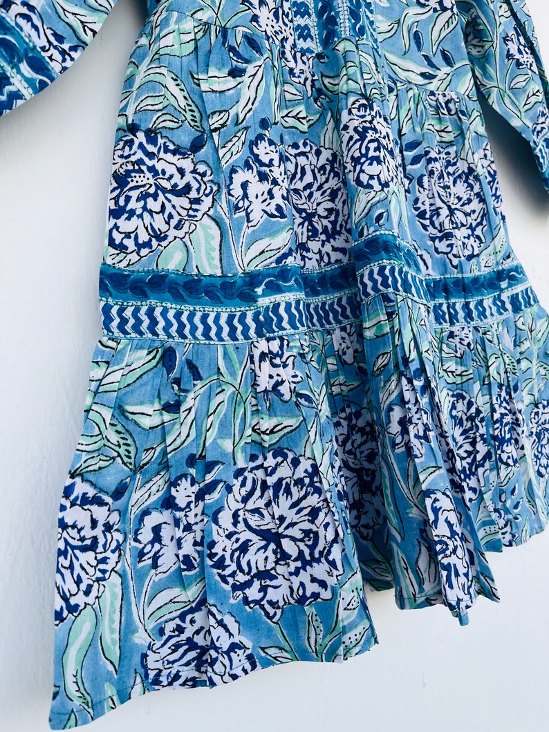 Blue floral hand block printed cotton girl kid dress