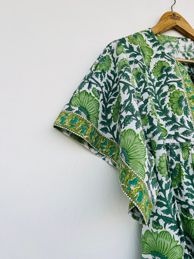 Green floral printed top - cotton block print blouse