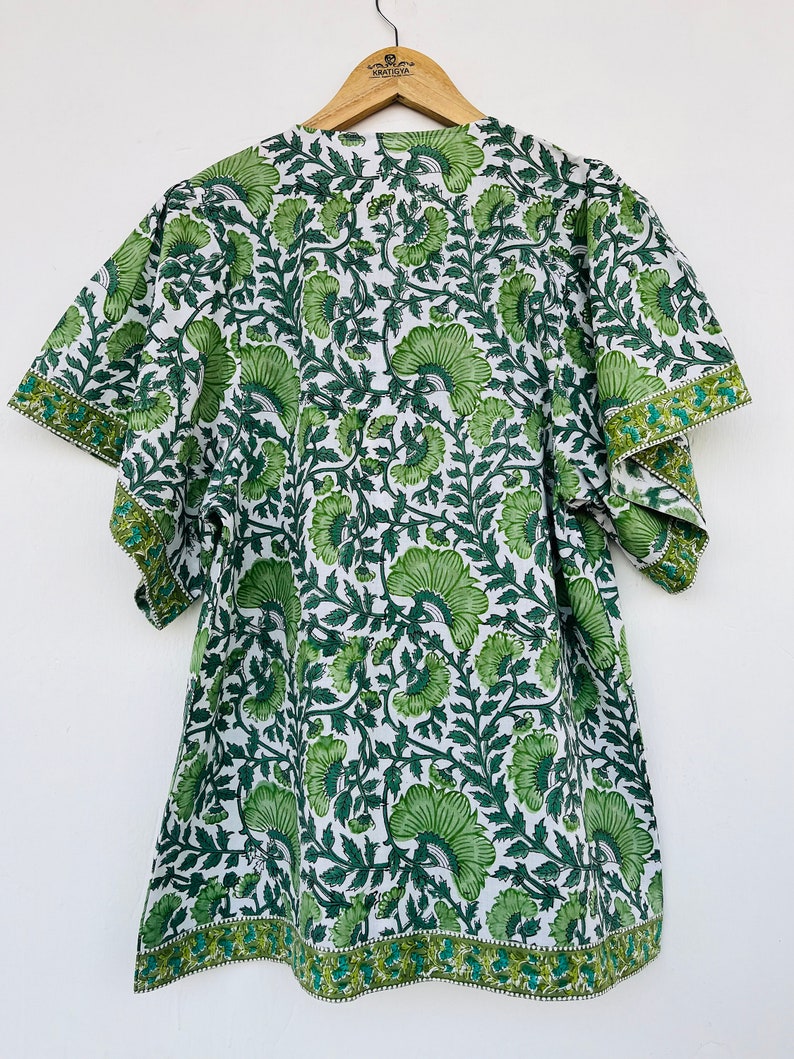 Green floral printed top - cotton block print blouse