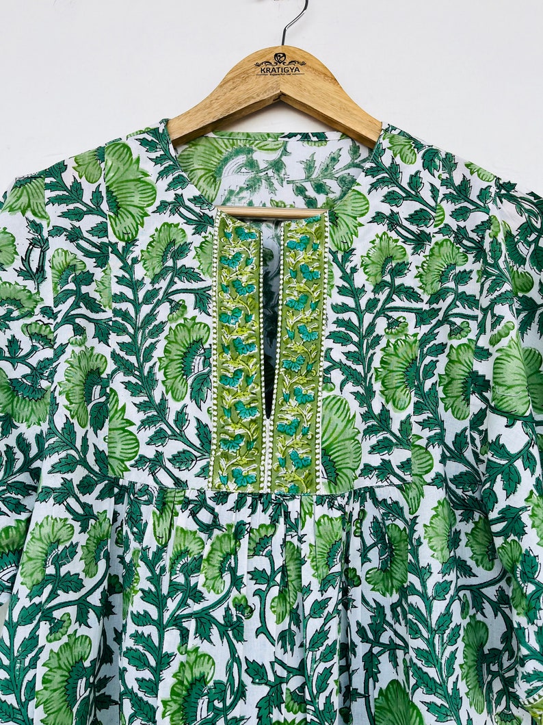 Green floral printed top - cotton block print blouse