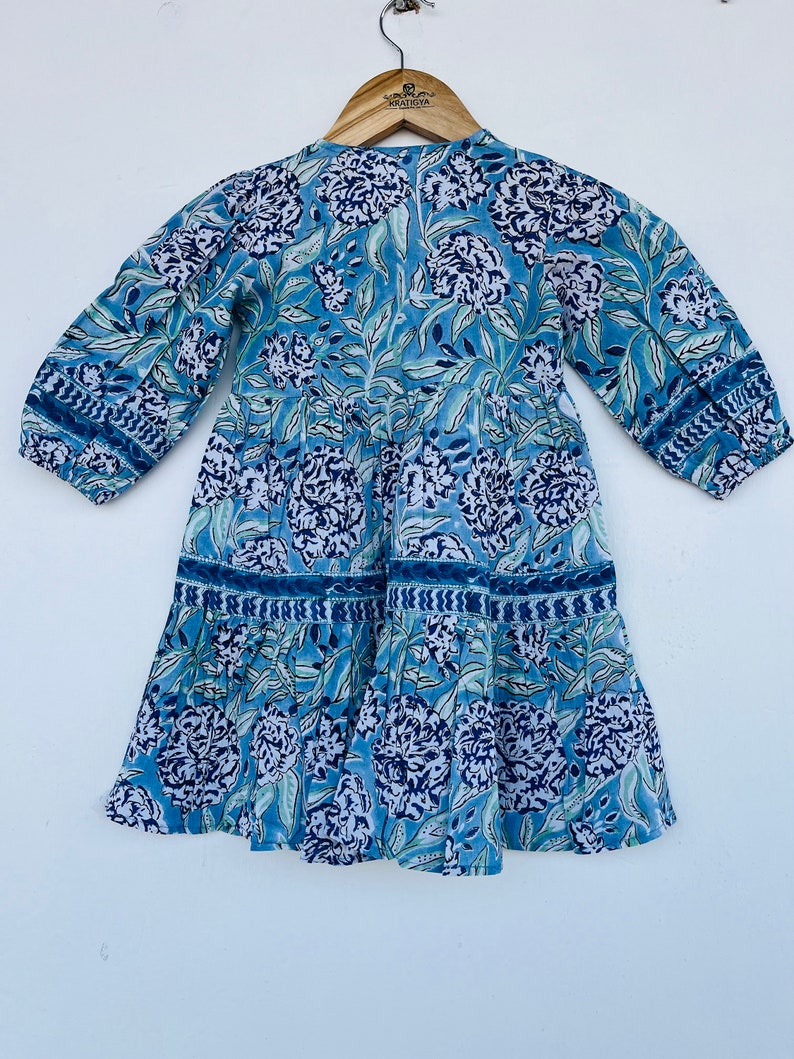 Blue floral hand block printed cotton girl kid dress