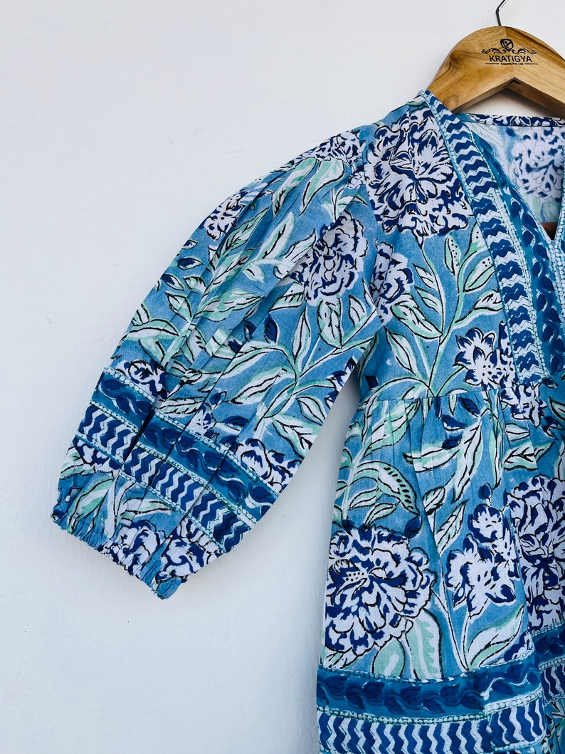 Blue floral hand block printed cotton girl kid dress