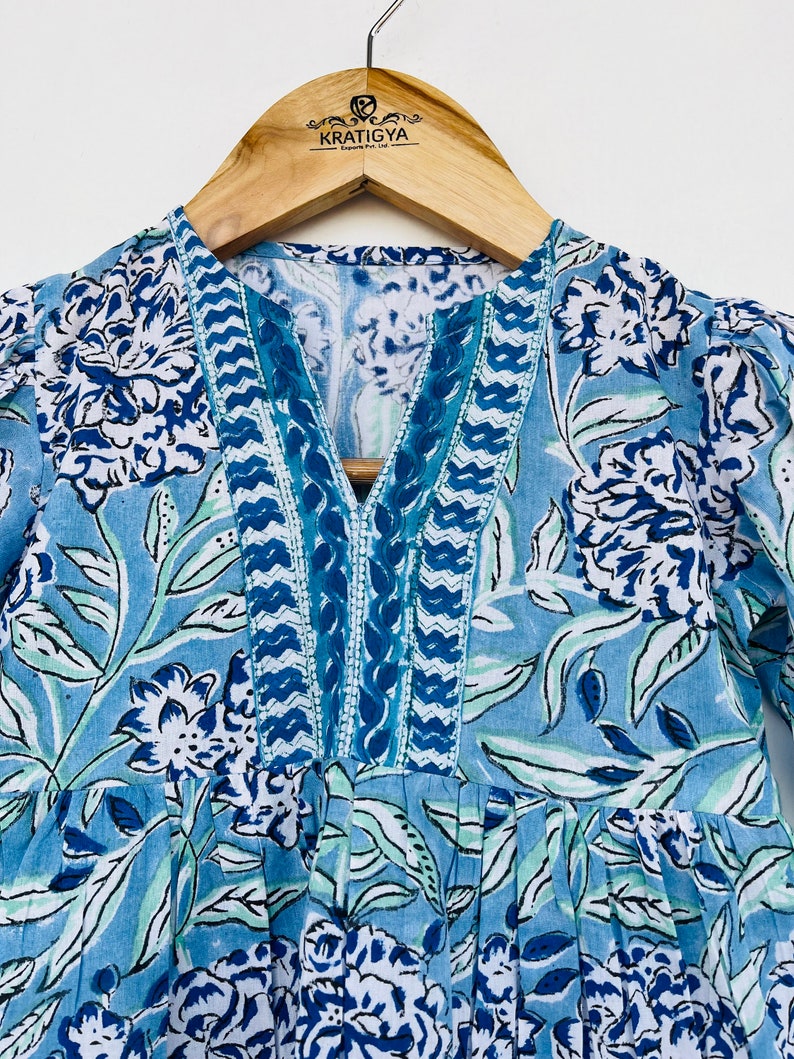 Blue floral hand block printed cotton girl kid dress