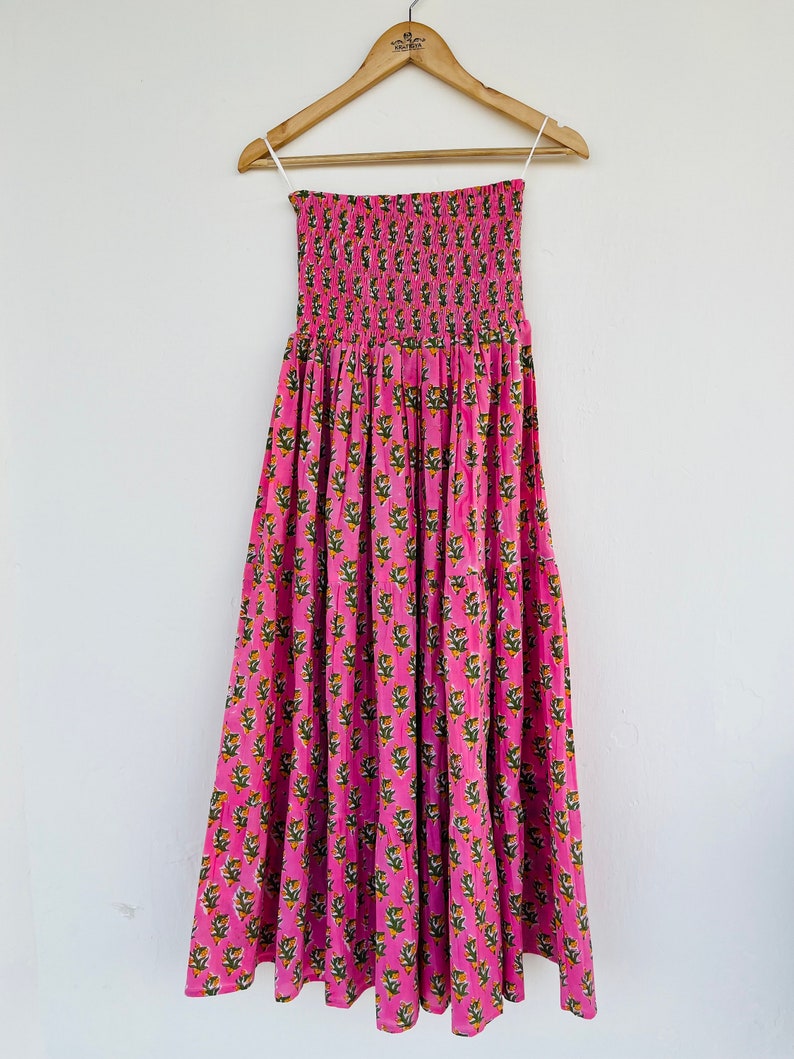Hand Block Printed Long Cotton Skirt, Floral Shirred Skirt