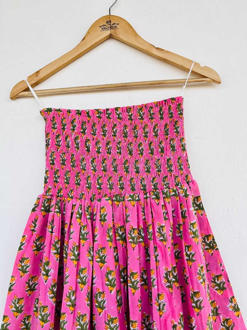 Hand Block Printed Long Cotton Skirt, Floral Shirred Skirt