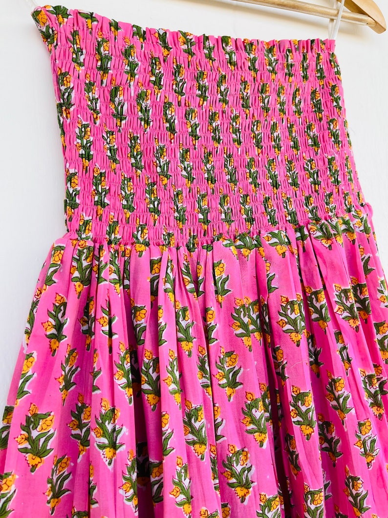 Hand Block Printed Long Cotton Skirt, Floral Shirred Skirt