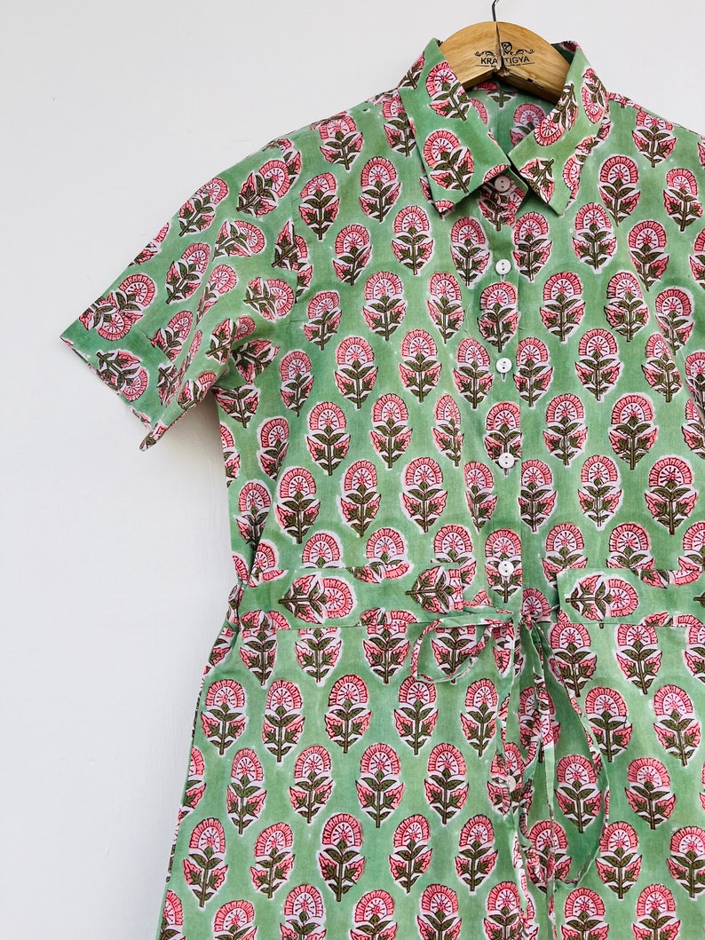 Green hand block printed cotton jumpsuit - Collared button-up jumpsuit