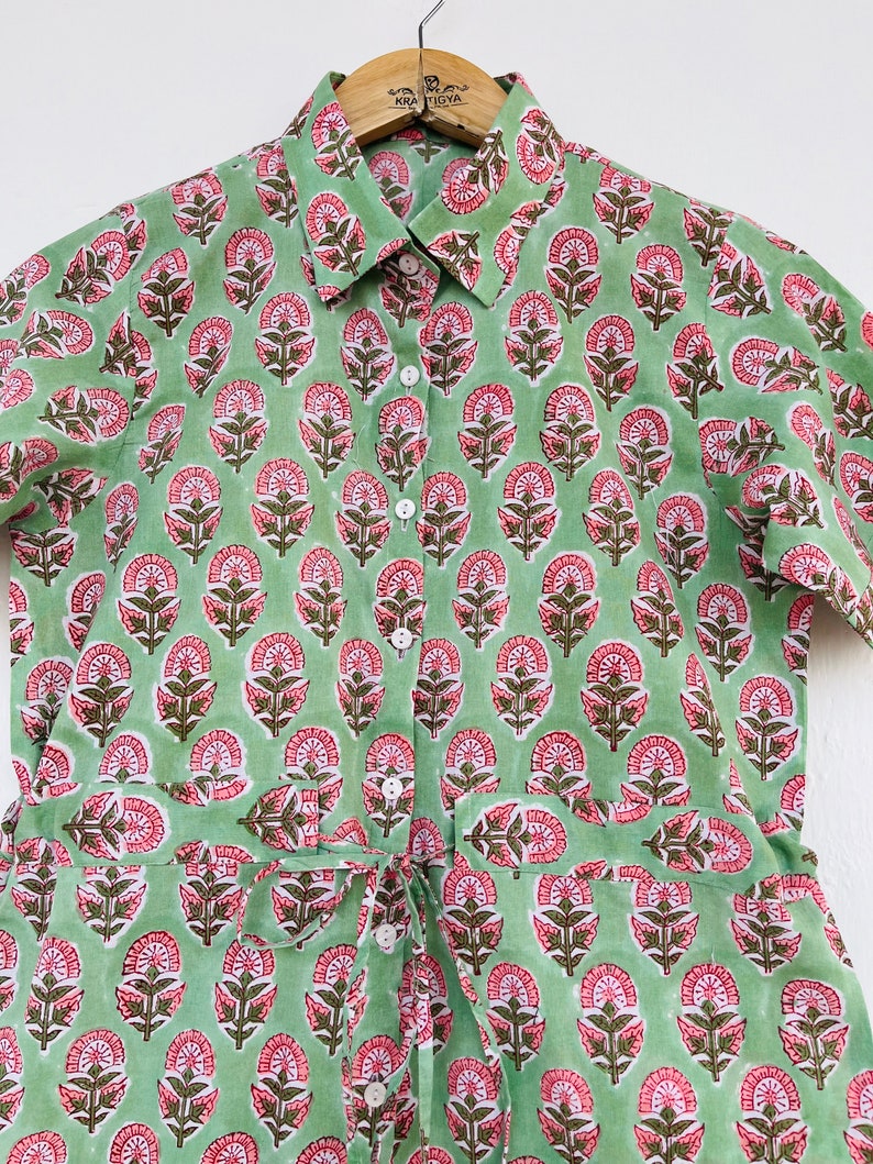 Green hand block printed cotton jumpsuit - Collared button-up jumpsuit