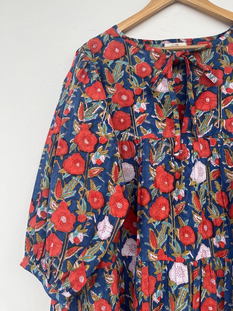 Printed short dress - Henley neckline with cotton ties dress - 3/4th sleeve with button dress