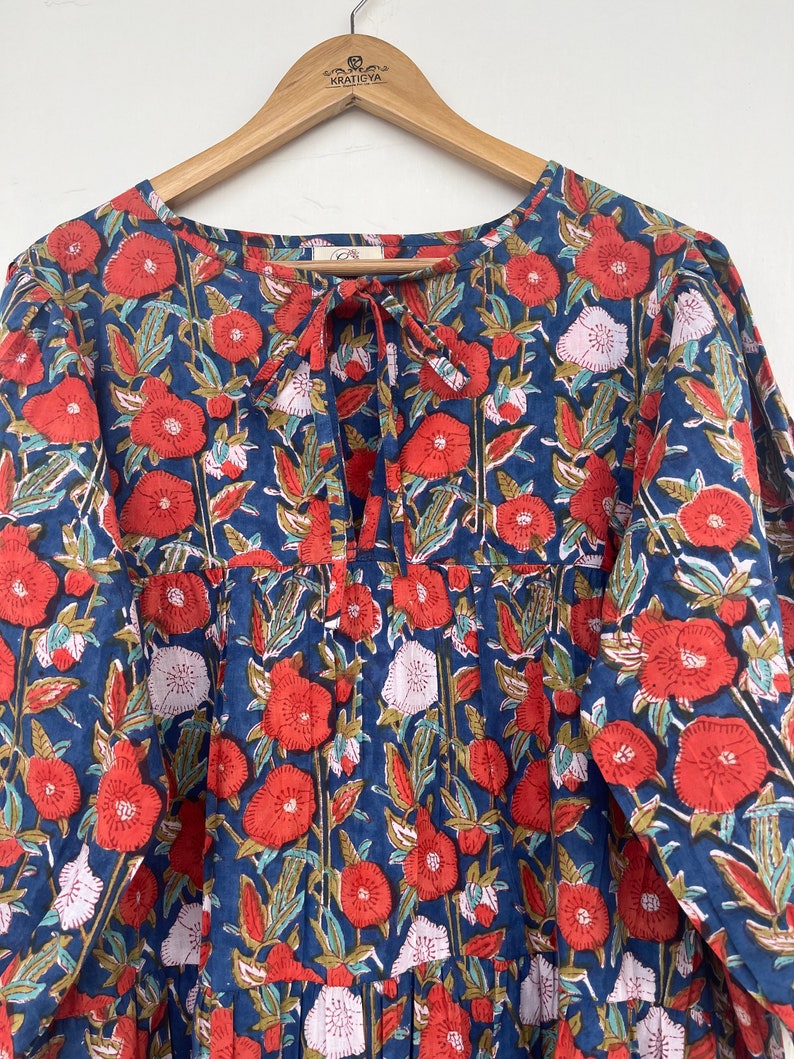 Printed short dress - Henley neckline with cotton ties dress - 3/4th sleeve with button dress