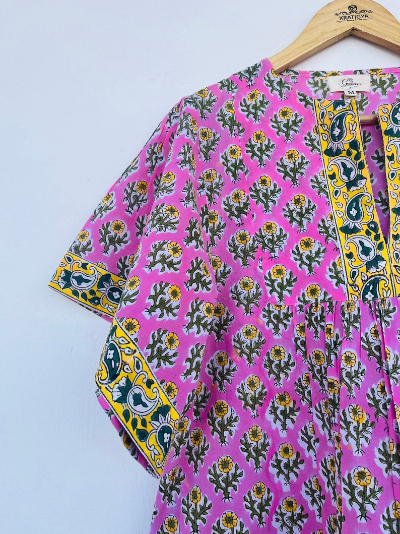 Pink printed cotton top - hand block printed floral blouse