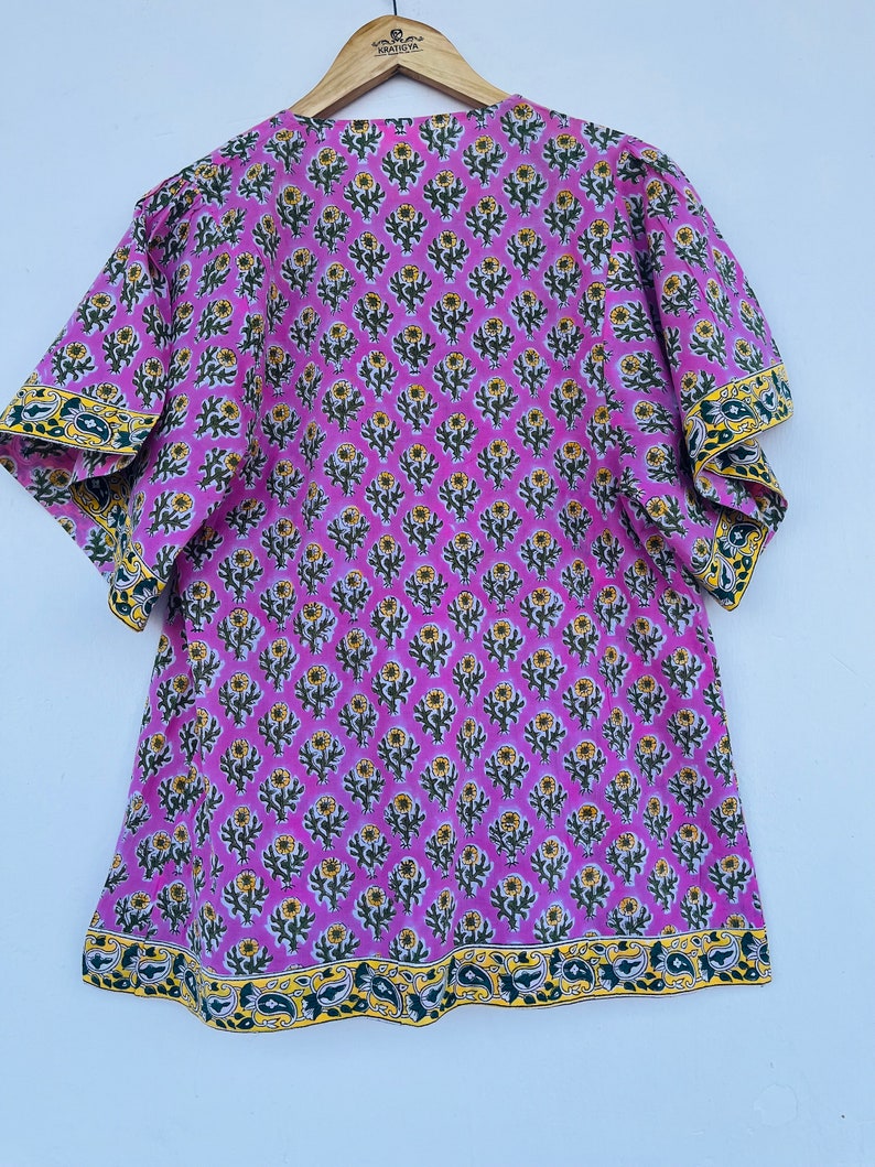 Pink printed cotton top - hand block printed floral blouse